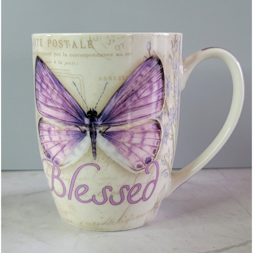Christian Art Gifts Ceramic BLESSED Purple Butterfly Coffee Mug 12oz Jane Shasky - Picture 2 of 9